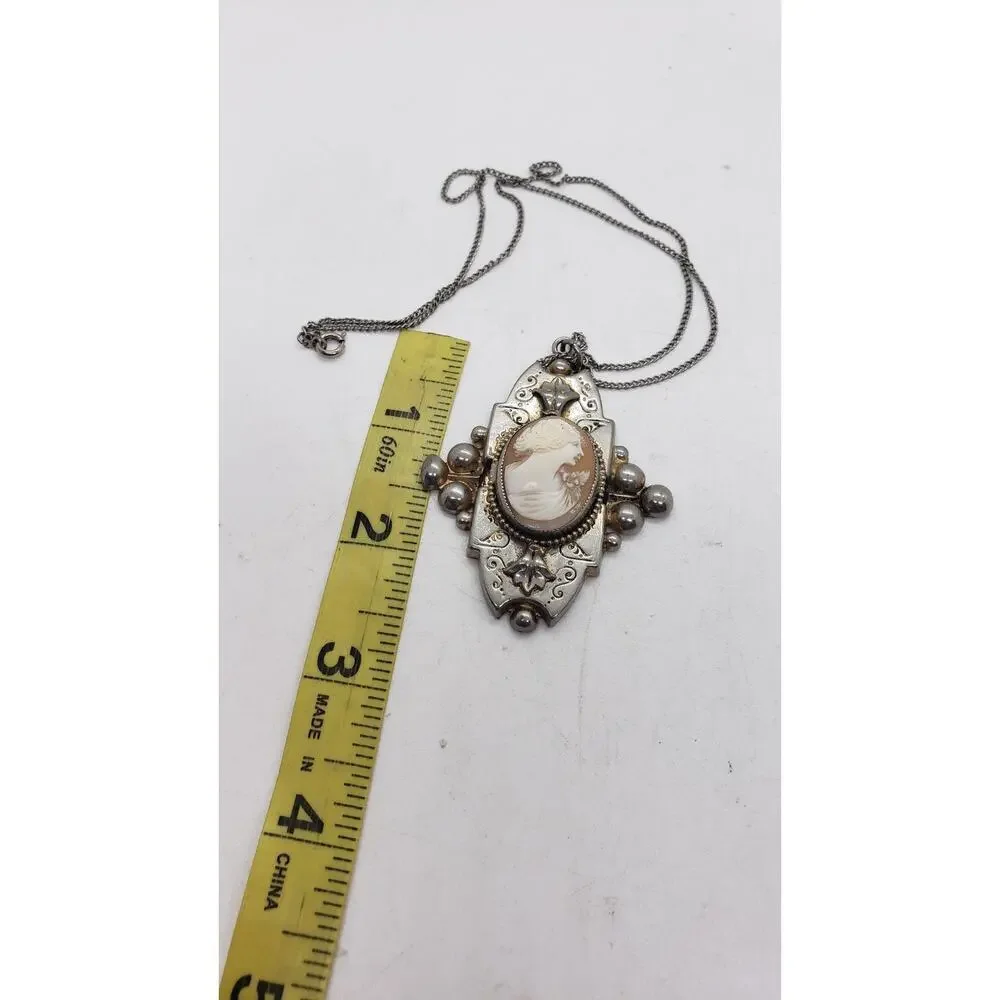 Vintage Cameo Pendant Necklace Silver Tone Ornate Art Deco Intaglio Large